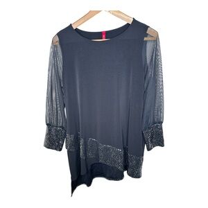 IC By Connie K Asymmetric Tunic Top Size Large Mesh Sleeves Sequins Black Silver